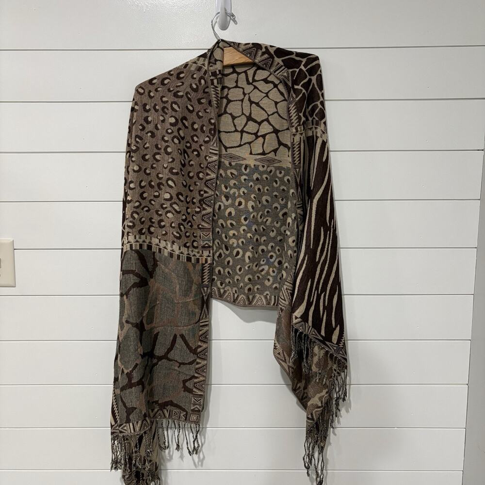 Lauren Ralph Lauren | Scarf Shawl Animal Print Brown Wool Fringe